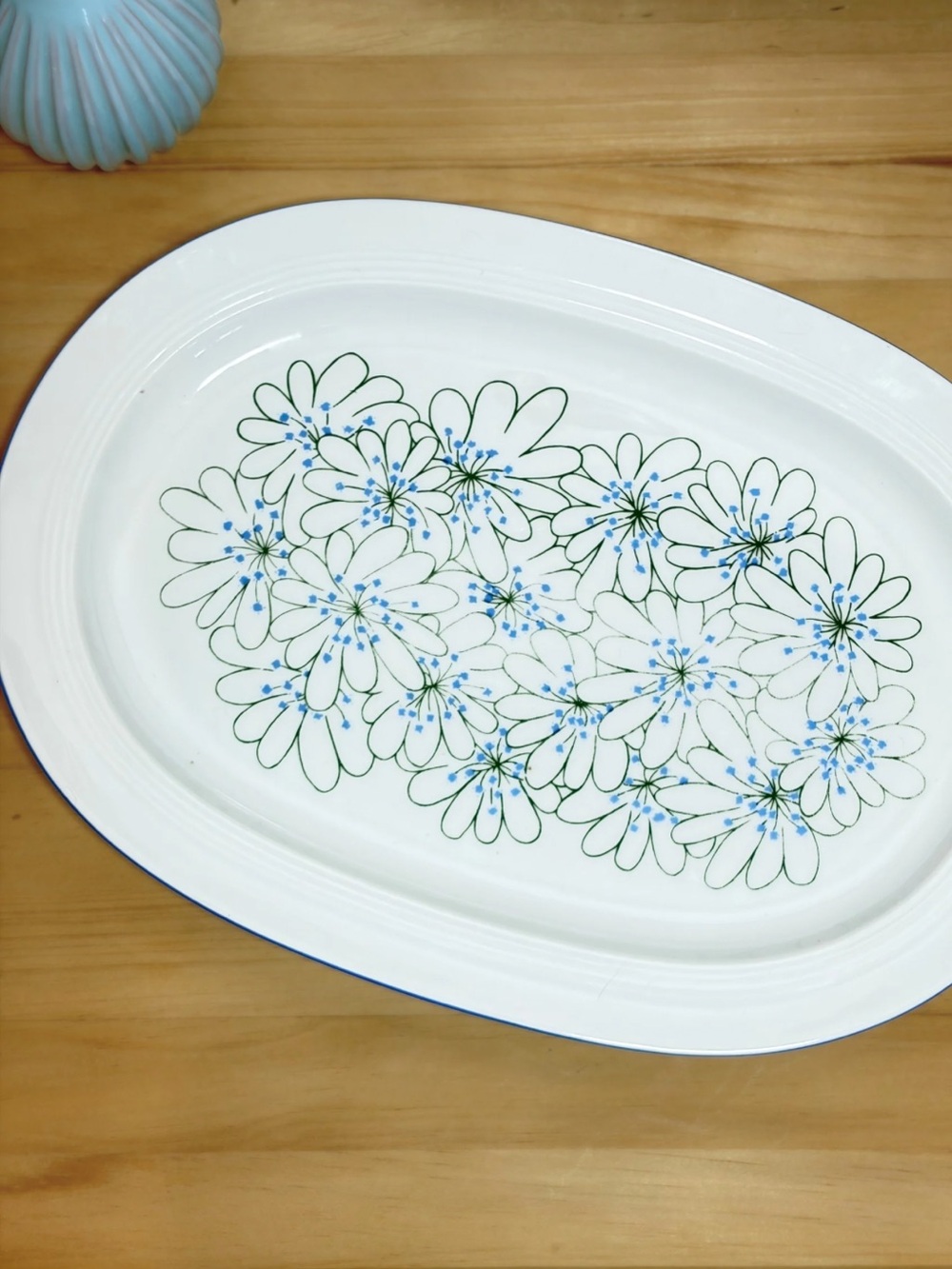 Vintage Blue Green Floral Serving Platter Cottage Country Melitta Germany. MCM